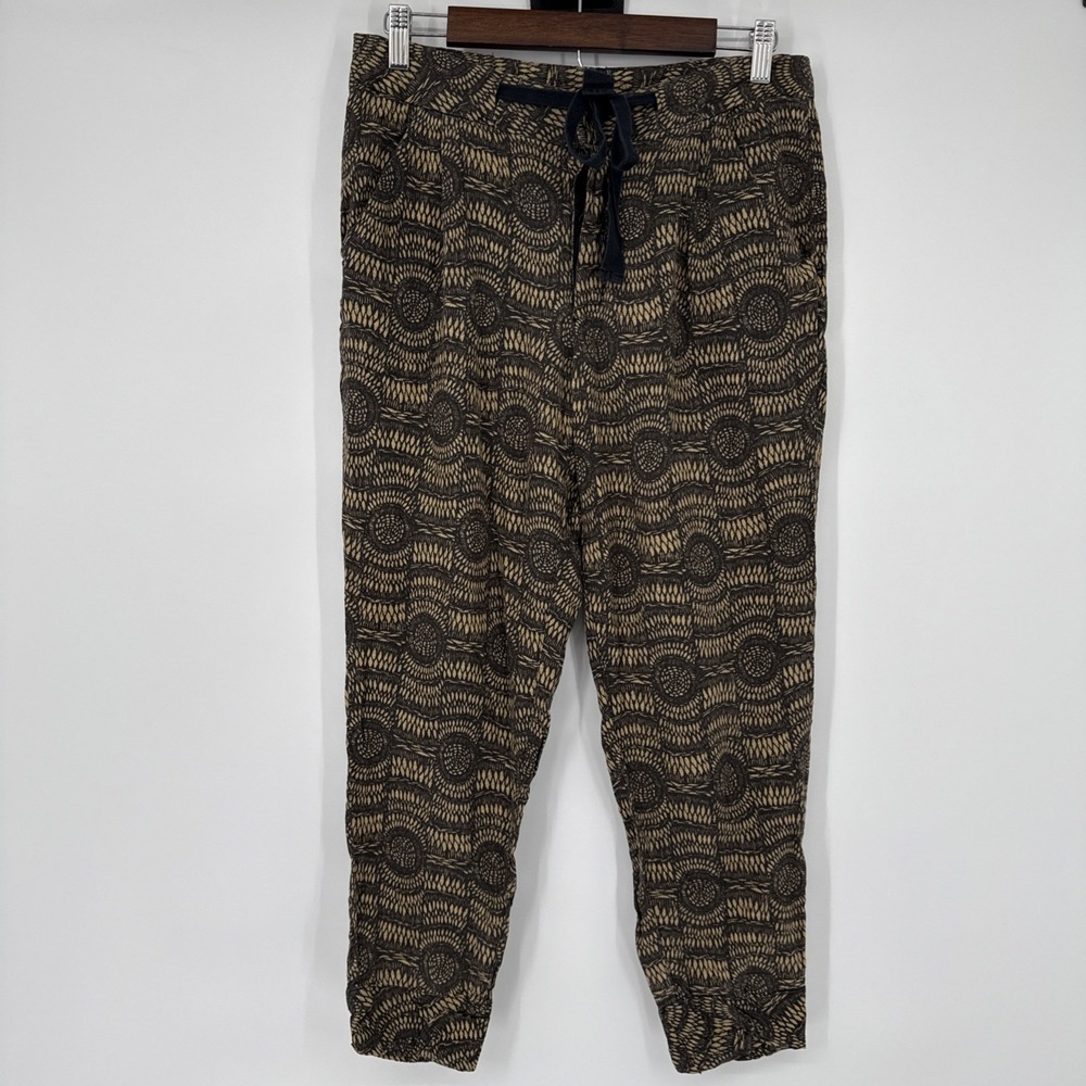 Free People Boho Batik Linen Blend Button Fly Drawstring Tan Ankle‎ Pants Size 6